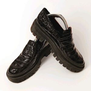 LONDON REBEL Womens (38) 7.5US Black Patent Penny Loafers Slip On Shoes Punk 90s